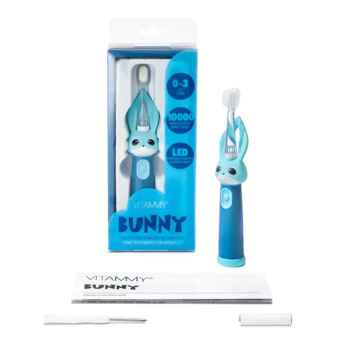 VITAMMY Bunny Sonická zubná kefka pre deti s LED svetlom a nanovláknami, 0-3 roky, modrá