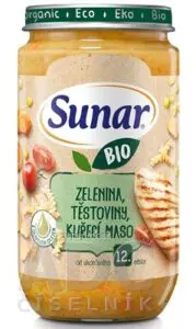 Sunar BIO príkrm ZELENINA, CESTOVINY, KURACIE MÄSO s olivovým olejom (od ukonč. 12. mesiaca) 1x235 g