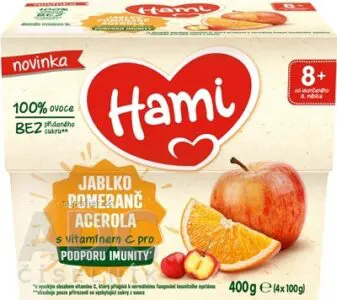 Hami 100% ovocie JABLKO POMARANČ ACEROLA ovocný príkrm (od ukonč. 8. mesiaca) 4x100 g (400g)