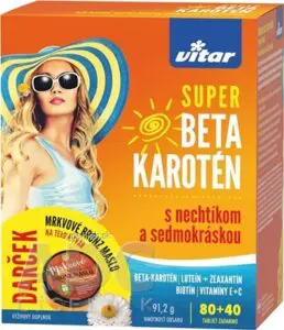 VITAR SUPER BETA KAROTÉN tbl s nechtíkom a sedmokráskou 80+40 zadarmo (120 ks) + darček: BIO Mrkvové brpnz maslo, 1x1 set