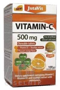 JutaVit Vitamín C 500 mg žuvacie tablety s vitamínom D3 a extraktom zo šípok, so sladidlami, s príchuťou pomaranča 1x100 ks