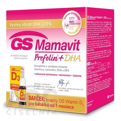 GS Mamavit Prefolin + DHA + Darček tbl 30 + cps 30 + Vitamín D3 kvapky, 1x1 set