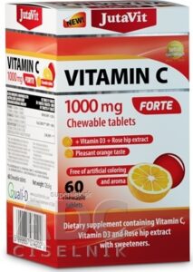 JutaVit Vitamín C 1000 mg FORTE žuvacie tablety s vitamínom D3 a extraktom zo šípok, so sladidlami, s príchuťou pomaranča 1x60 ks
