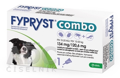 FYPRYST combo 134 mg/120,6 mg PSY 10-20 KG roztok na kvapkanie na kožu pre stredne veľké psy (pipeta) 1x1,34 ml