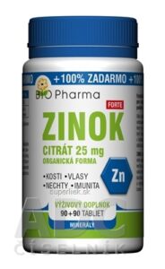 BIO Pharma ZINOK CITRÁT Forte 25 mg tbl 90+90 (100% ZADARMO) (180 ks)