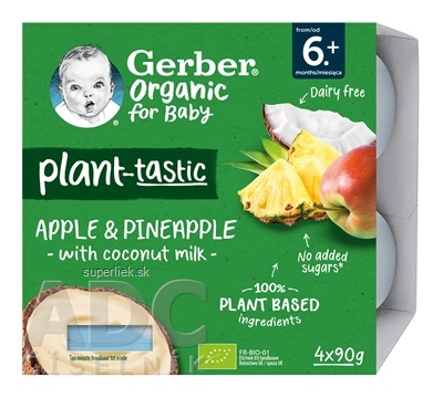 Gerber Organic Rastlinný dezert Jablko a ananás s kokosovým mliekom (od ukonč. 6. mesiaca) 4x90 g