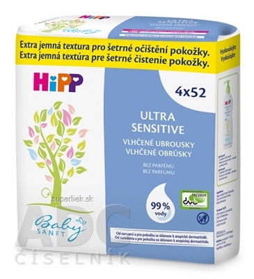 HiPP BabySANFT Vlhčené obrúsky ultra sensitiv, čistiace (inov. 2021) 4x52 ks