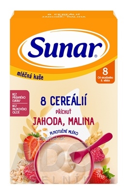 Sunar mliečna KAŠA 8 CEREÁLIÍ príchuť jahoda, malina (od ukonč. 8. mesiaca) 1x210 g