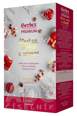 HERBEX Premium Štastné, veselé a zdravé bylinné čaje (Hrdlo s eukalyptom + Pľúca a priedušky + Žalúdok a črevá) vrecúška 3x20 ks