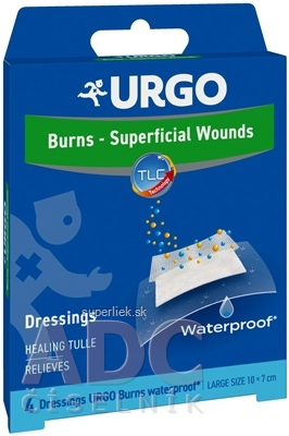 URGO Burns Waterproof Na popáleniny lipidokoloidná náplasť, sterilná, vodeodolná, 10x7 cm, 1x4 ks